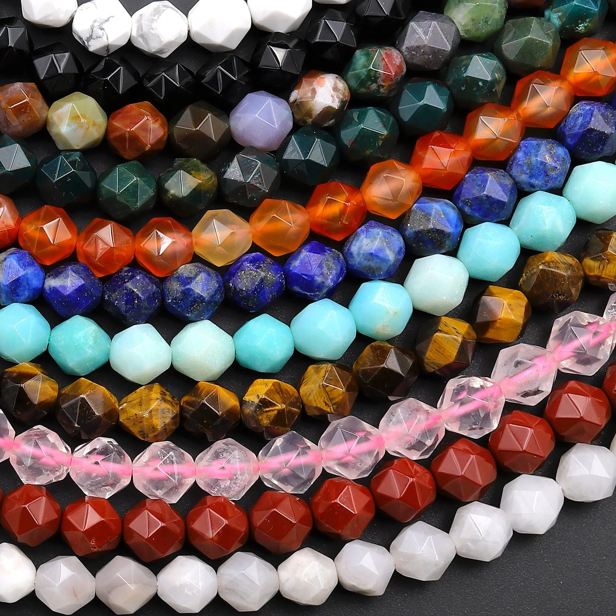 11 Strands AAA Star Cut Natural Gemstone Beads Faceted 8mm Rounded Lapis Amazonite Bloodstone Carnelian Red Jasper Tiger Eye 15.5" Strand