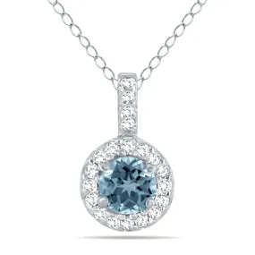 1/2 Carat Tw Halo Aquamarine And Diamond Pendant In 10K White Gold