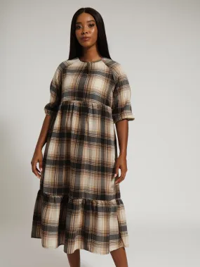 3/4 Sleeve Raglan Tiered Check Dress