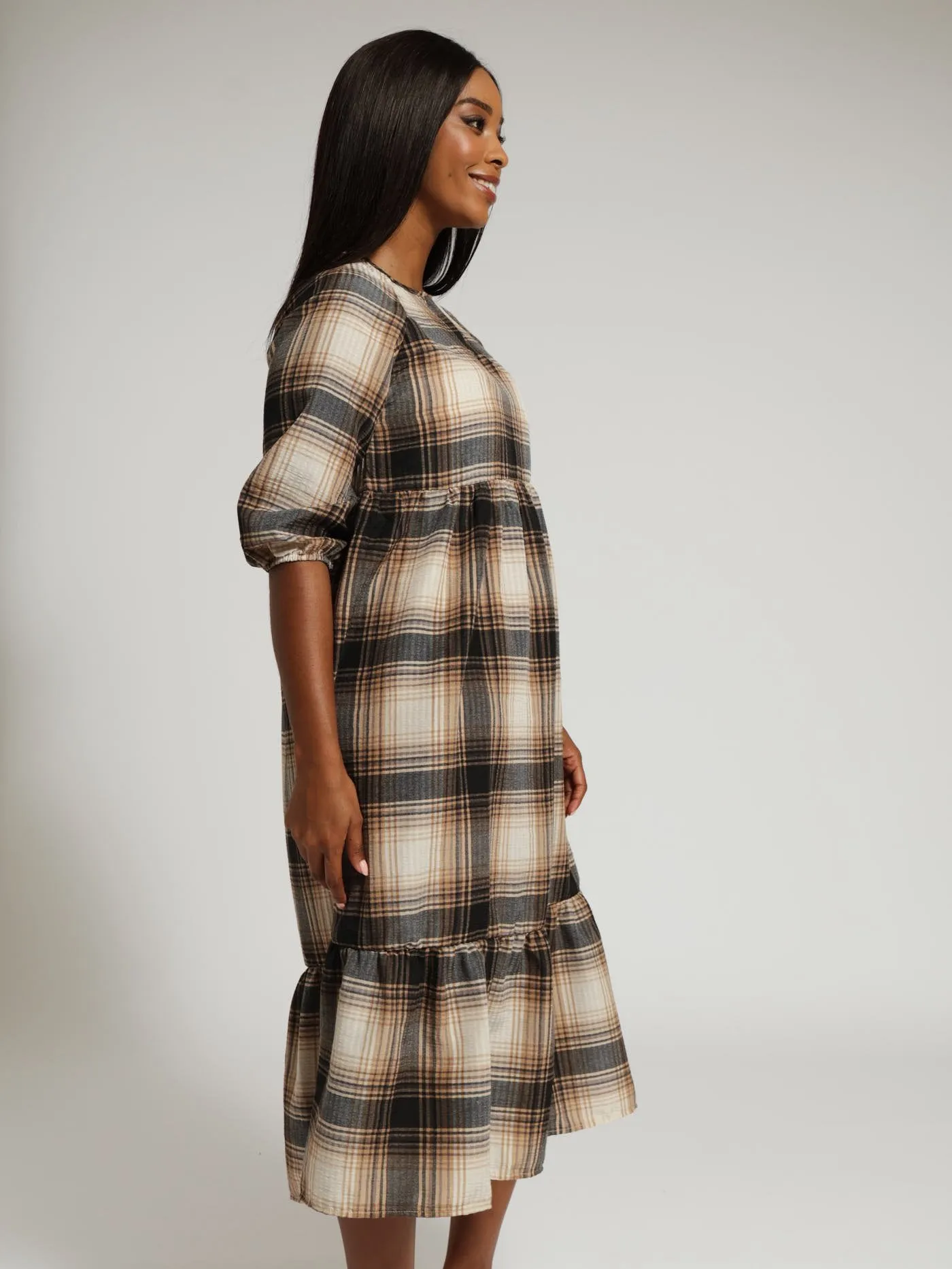 3/4 Sleeve Raglan Tiered Check Dress