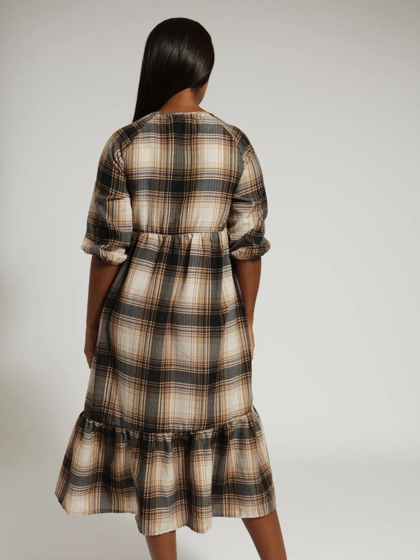 3/4 Sleeve Raglan Tiered Check Dress