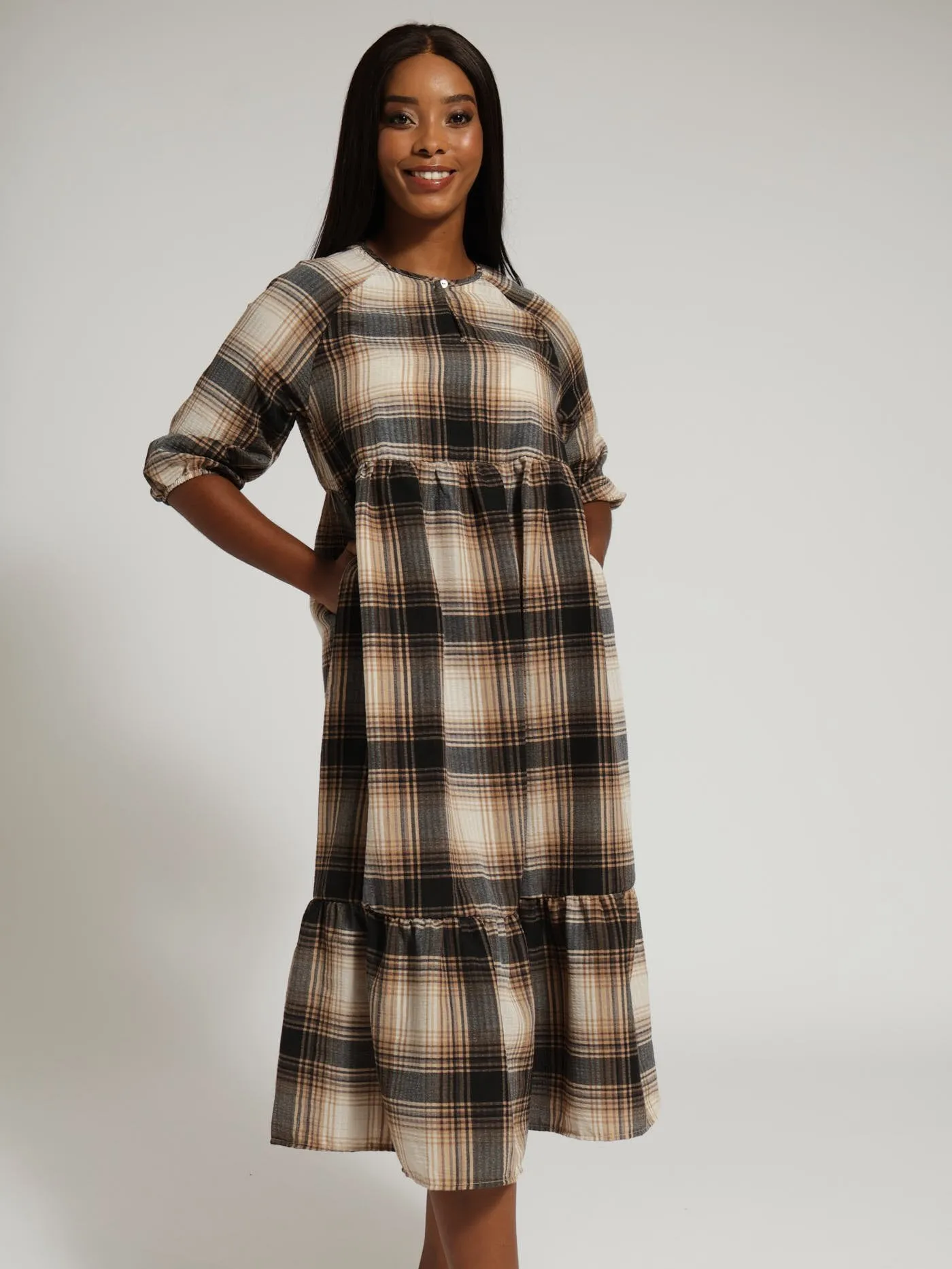 3/4 Sleeve Raglan Tiered Check Dress