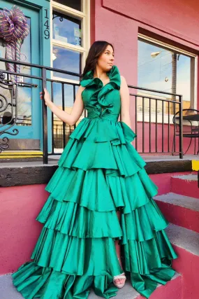 A-Line Halter Green Ruffle Satin Long Prom Dresses,BD93317