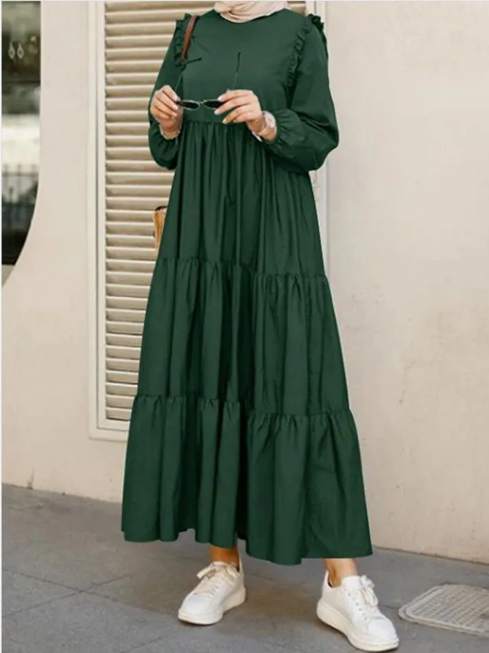 Abaya Baju Raya Muslim Long Sleeve Ruffled Tiered Midi Long Dress