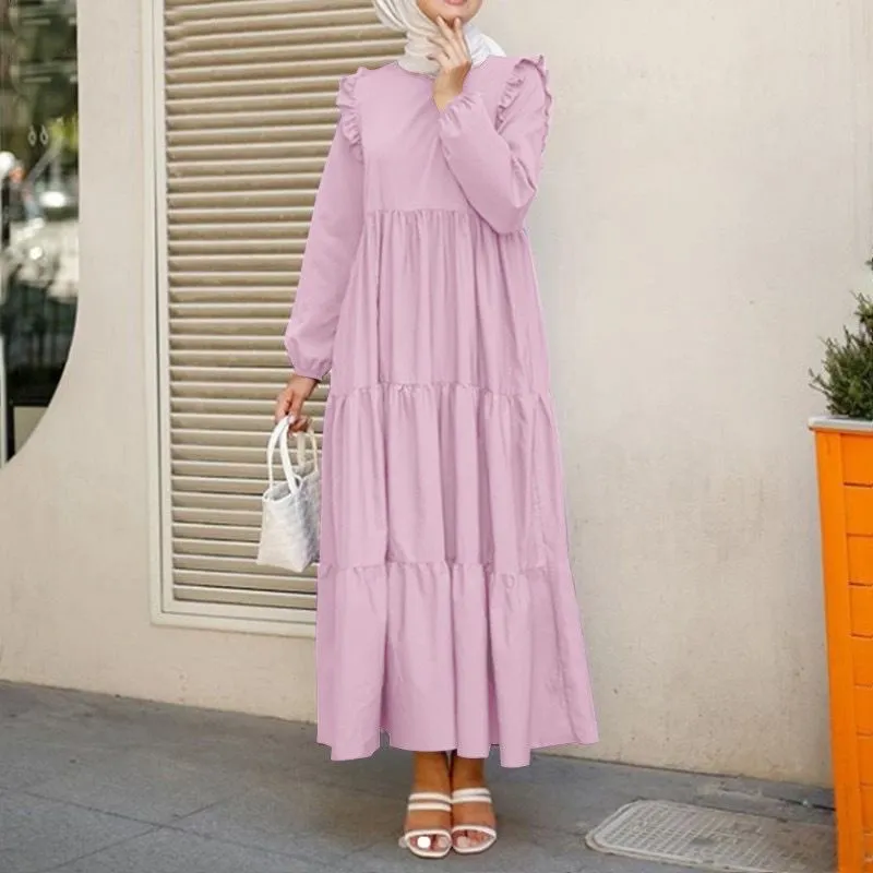 Abaya Baju Raya Muslim Long Sleeve Ruffled Tiered Midi Long Dress