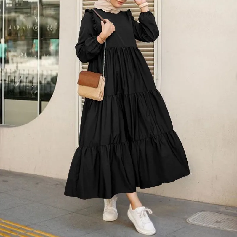 Abaya Baju Raya Muslim Long Sleeve Ruffled Tiered Midi Long Dress