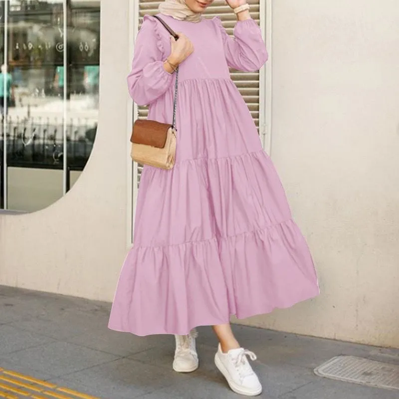 Abaya Baju Raya Muslim Long Sleeve Ruffled Tiered Midi Long Dress