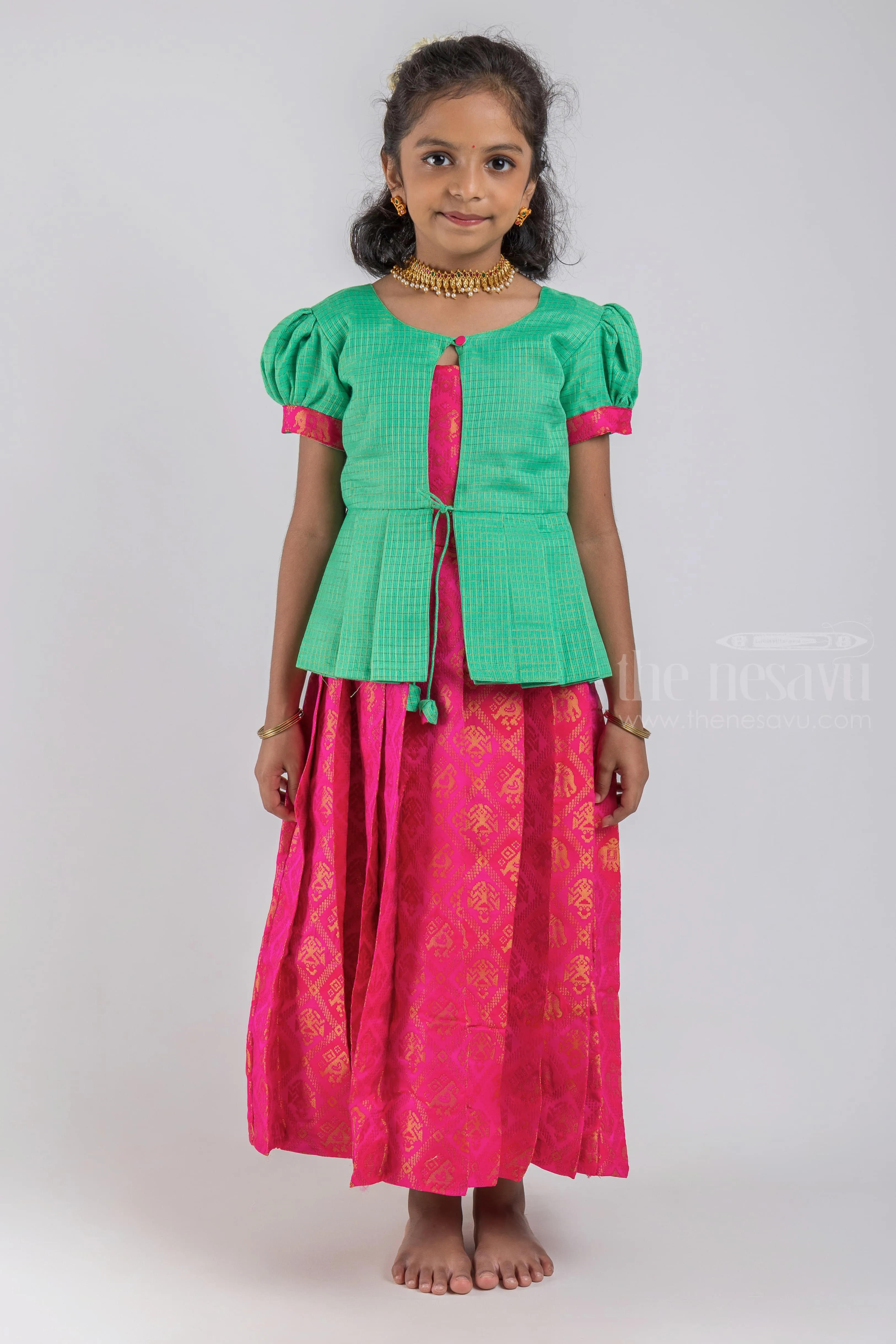 Adorable Green Silk Blouse And Pink Pleated Designer Silk Skirt For Girls