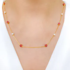 Alternating Red CZ   Pearl Necklace