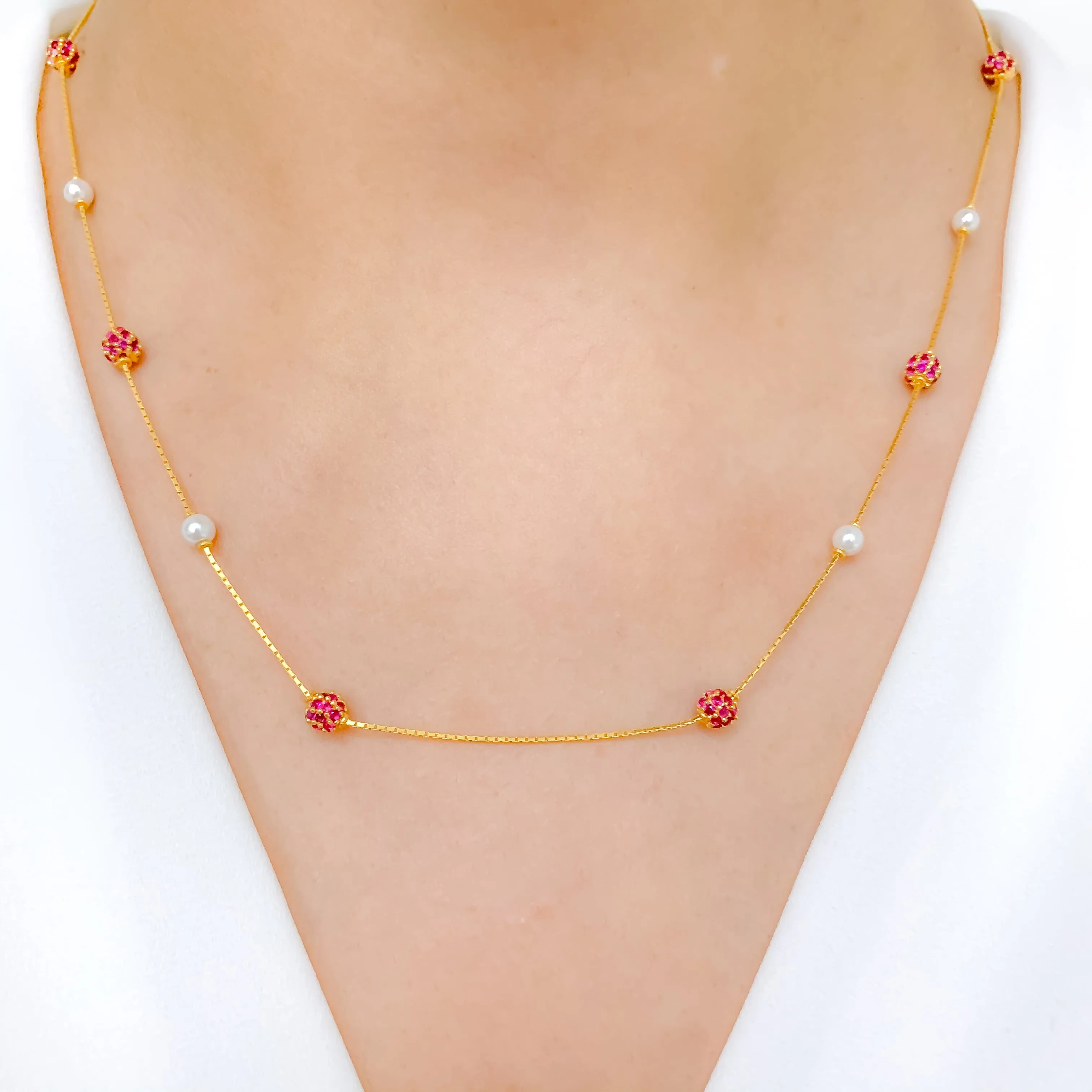 Alternating Red CZ   Pearl Necklace