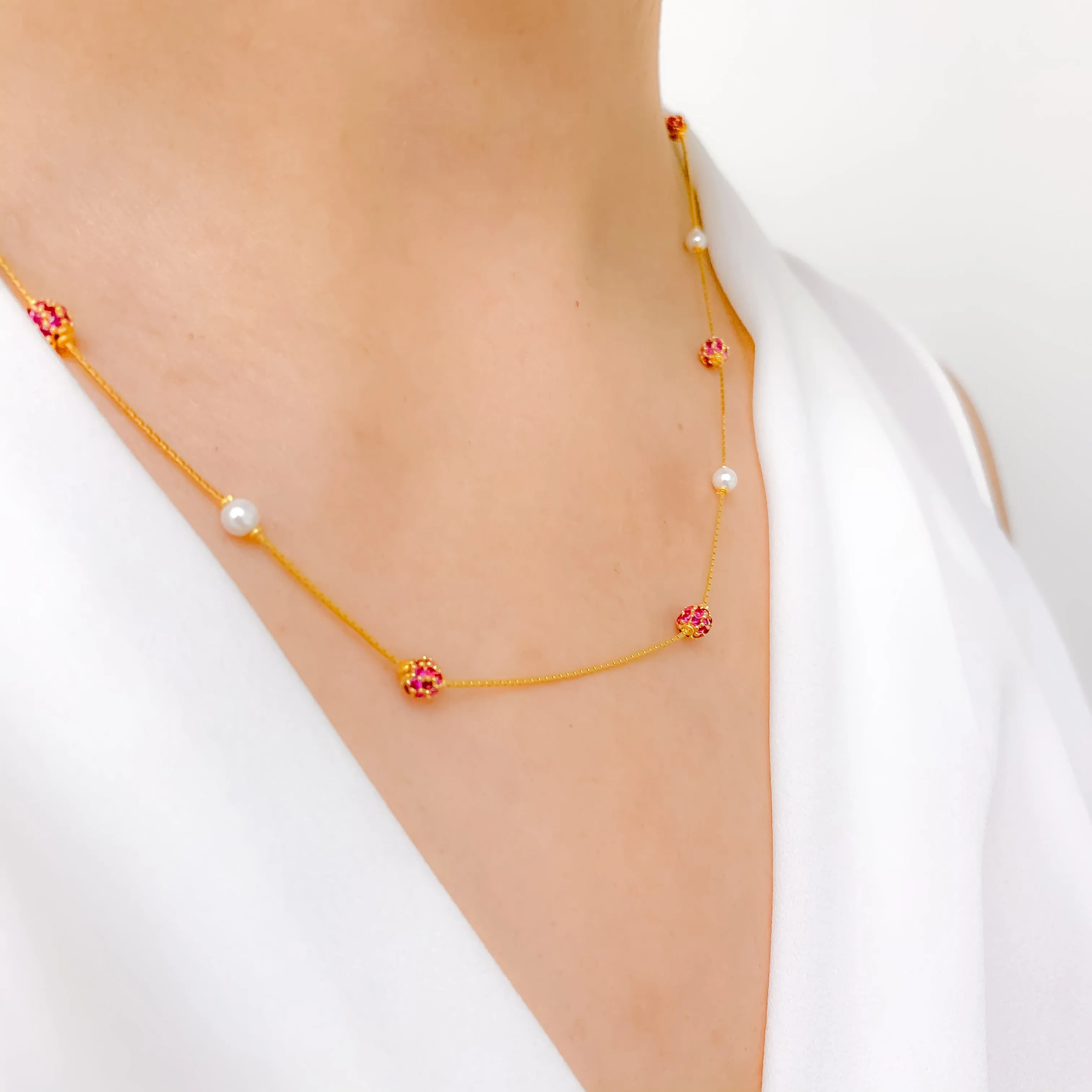 Alternating Red CZ   Pearl Necklace