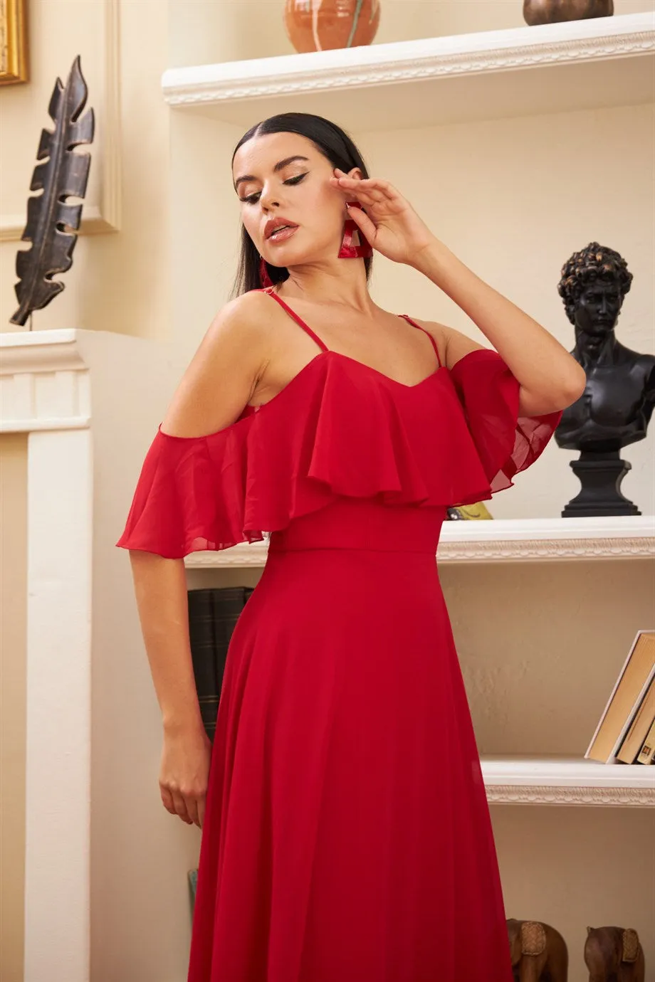 Angelino Red Low Low Sleeve Strap Long Evening Dress