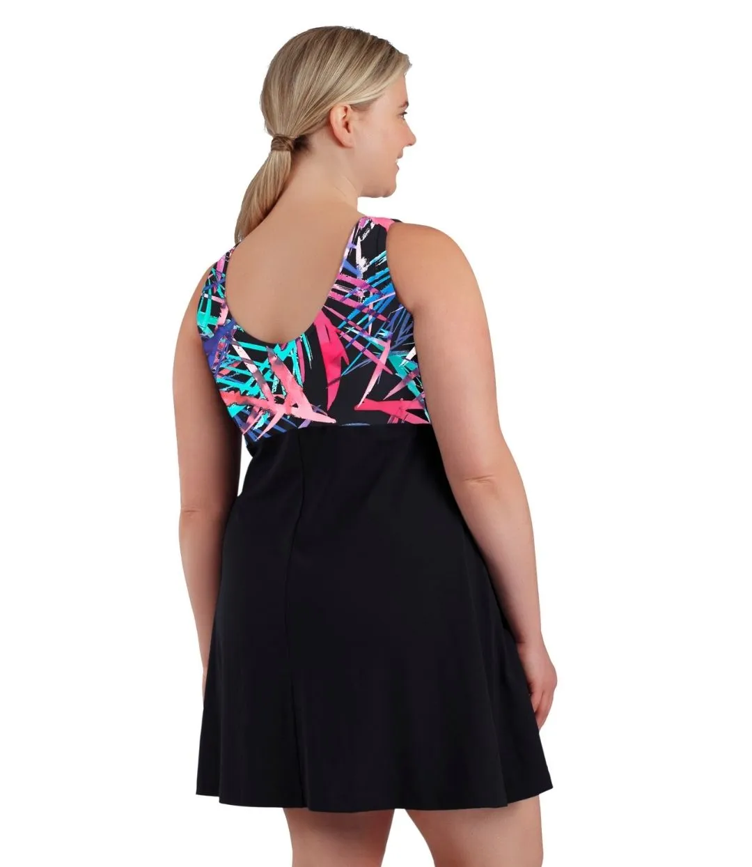 AquaSport Zip Front Swim Dress Sunset Palm Print Black