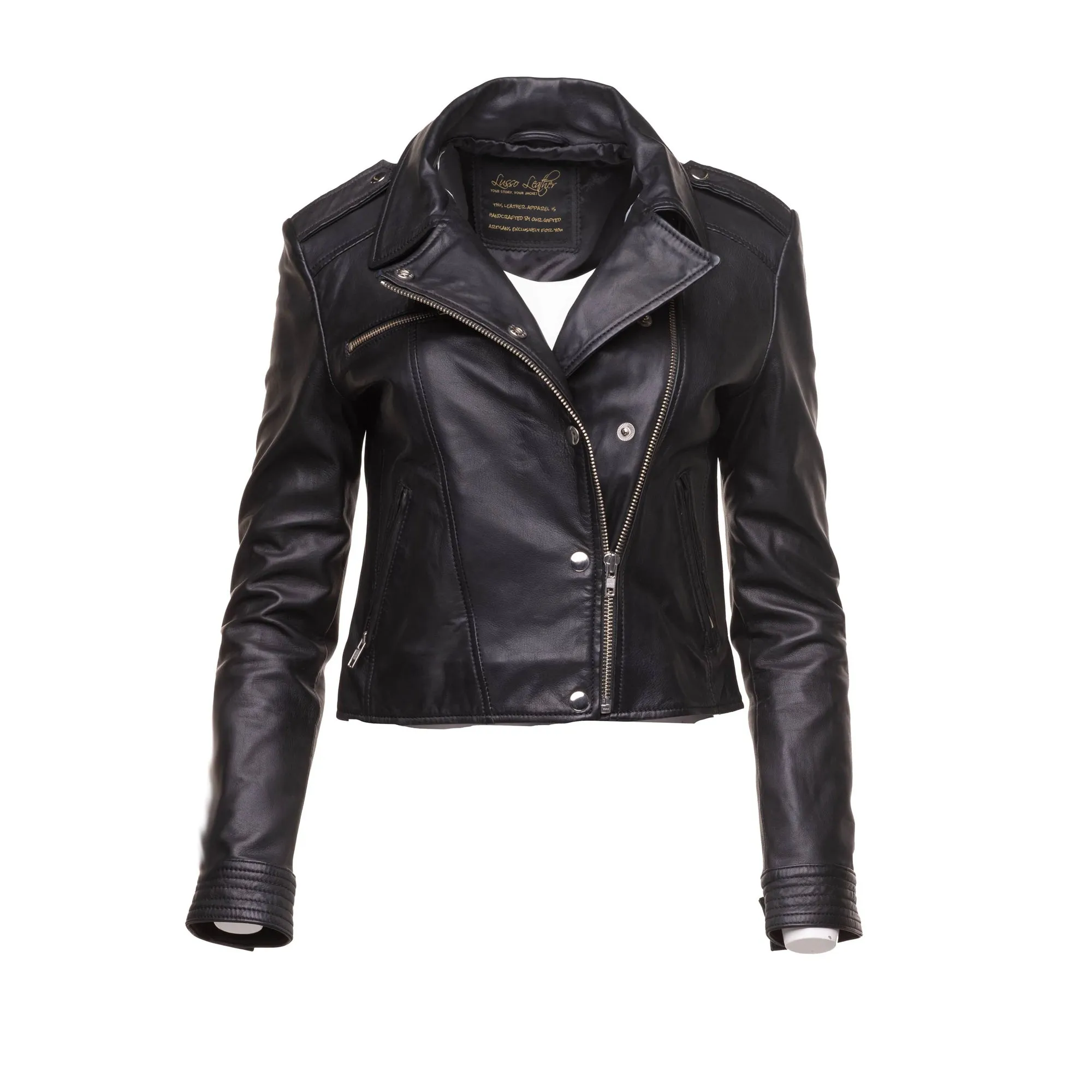 Aria Women's cropped leather jacket with snap buttons closure