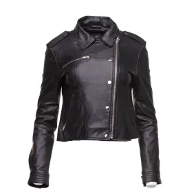 Aria Women's cropped leather jacket with snap buttons closure