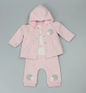 Baby Girls 3pc Pink Marl Fleece Hooded  Jacket All Over Print Top & Trouser Forest Friends-WF1716