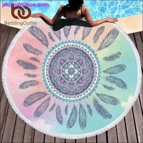 BeddingOutlet Feathers Tassel Mandala Tapestry Boho Round Beach Towel Pink and Blue Toalla Sunblock