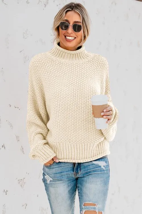 Beige High Neck Batwing Long Sleeves Sweater