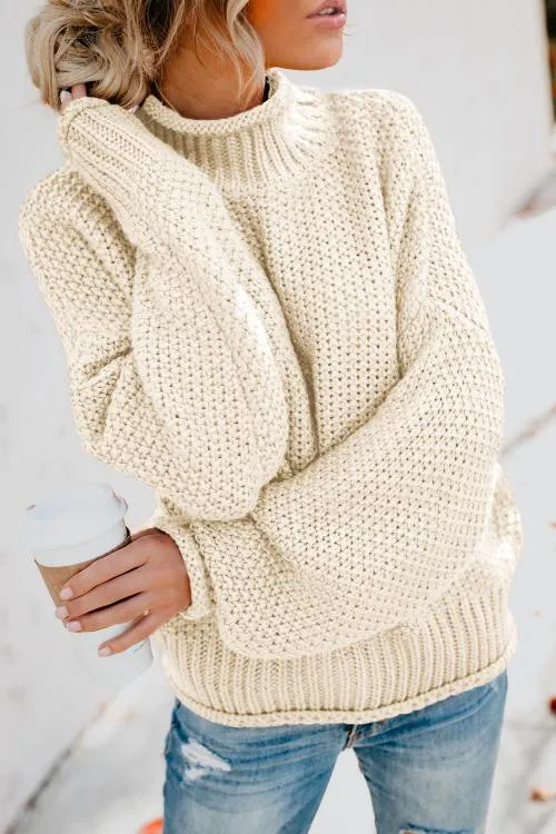 Beige High Neck Batwing Long Sleeves Sweater