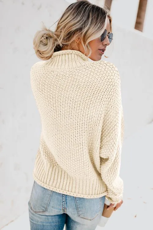 Beige High Neck Batwing Long Sleeves Sweater