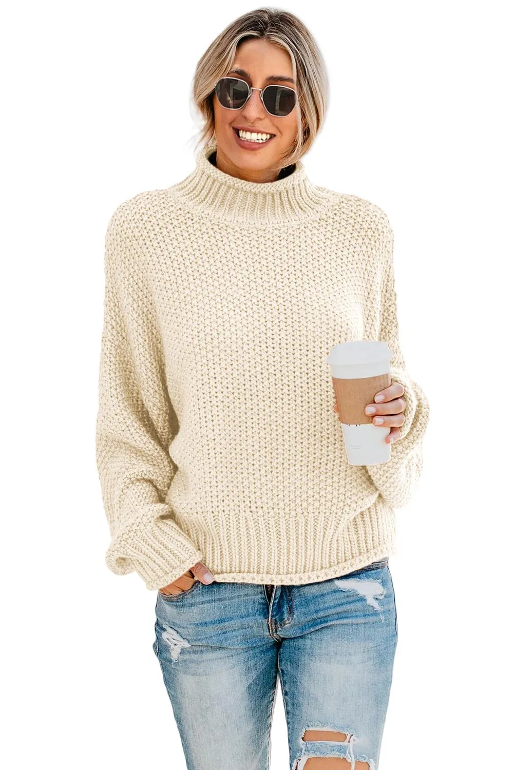 Beige High Neck Batwing Long Sleeves Sweater