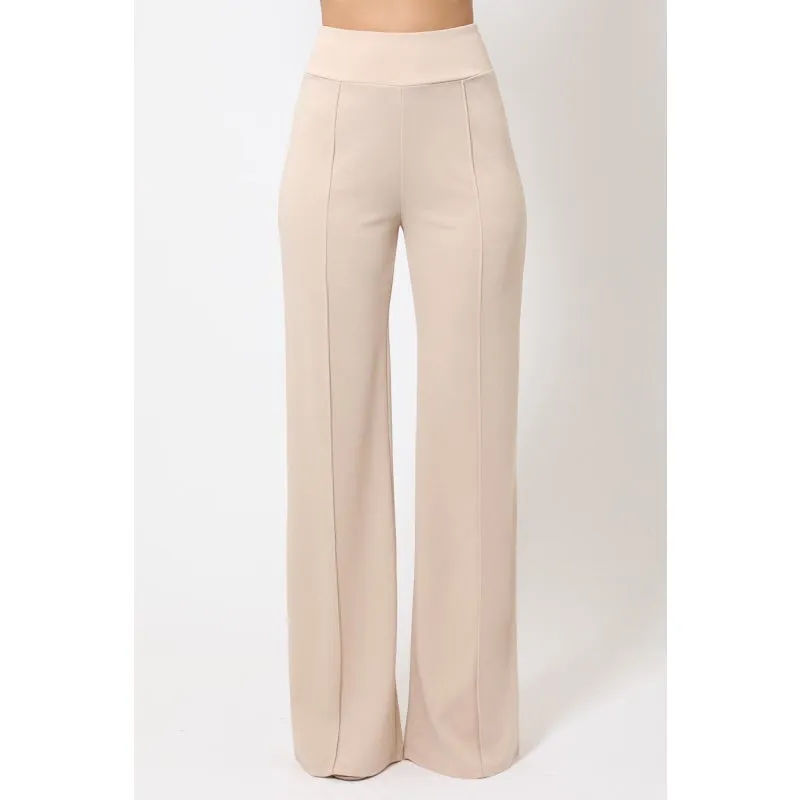 Beige Solid Color Perfect Fit Flared Leg Women's Pants with Back Zipper