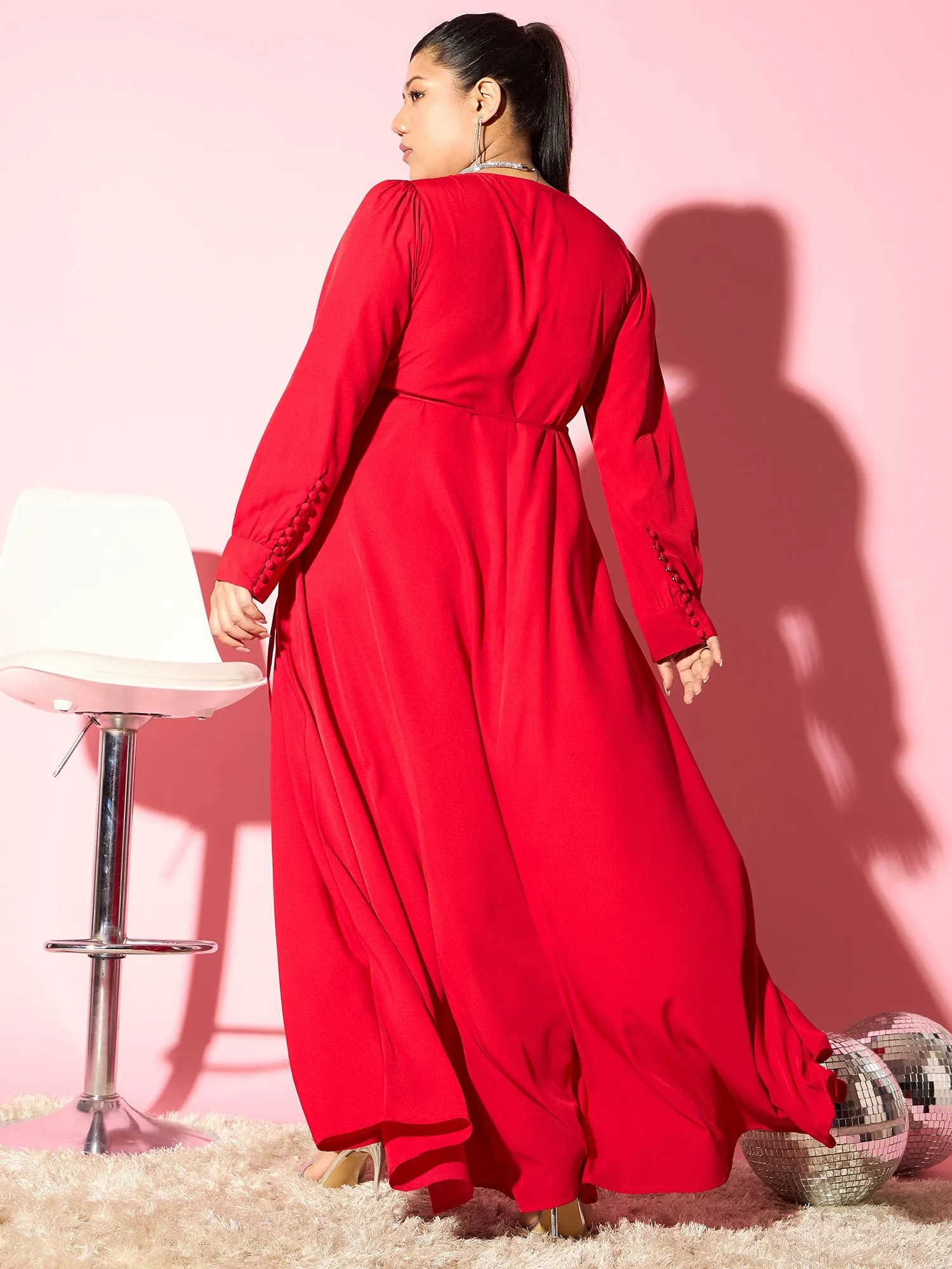 Berrylush Curve Women Red Solid V-Neck Long Sleeves Maxi Dress