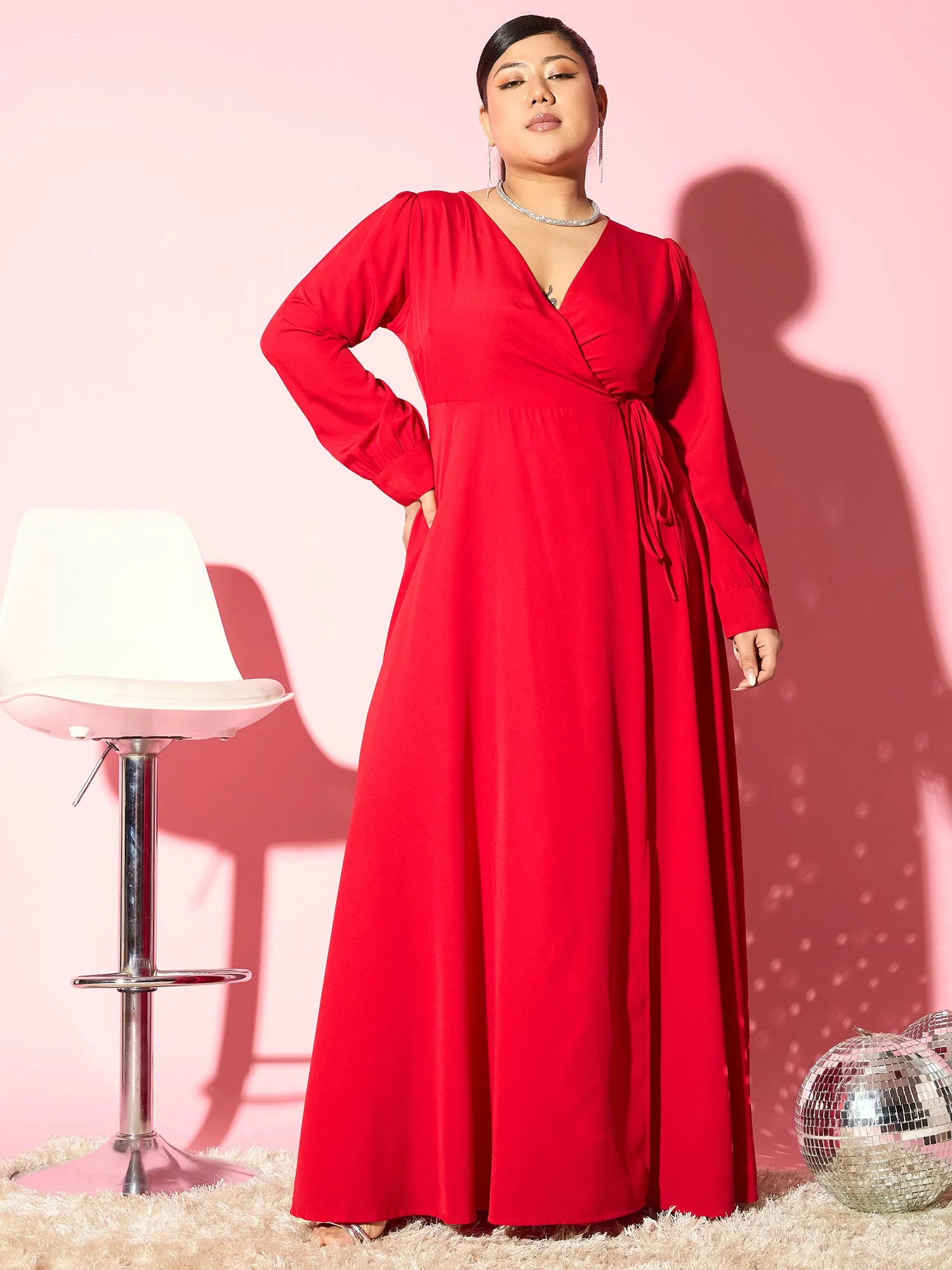 Berrylush Curve Women Red Solid V-Neck Long Sleeves Maxi Dress