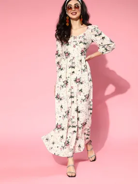 Berrylush Women Beige & Pink Floral Printed Sweetheart Neck Three-Quarter Sleeve Flared Maxi Dress