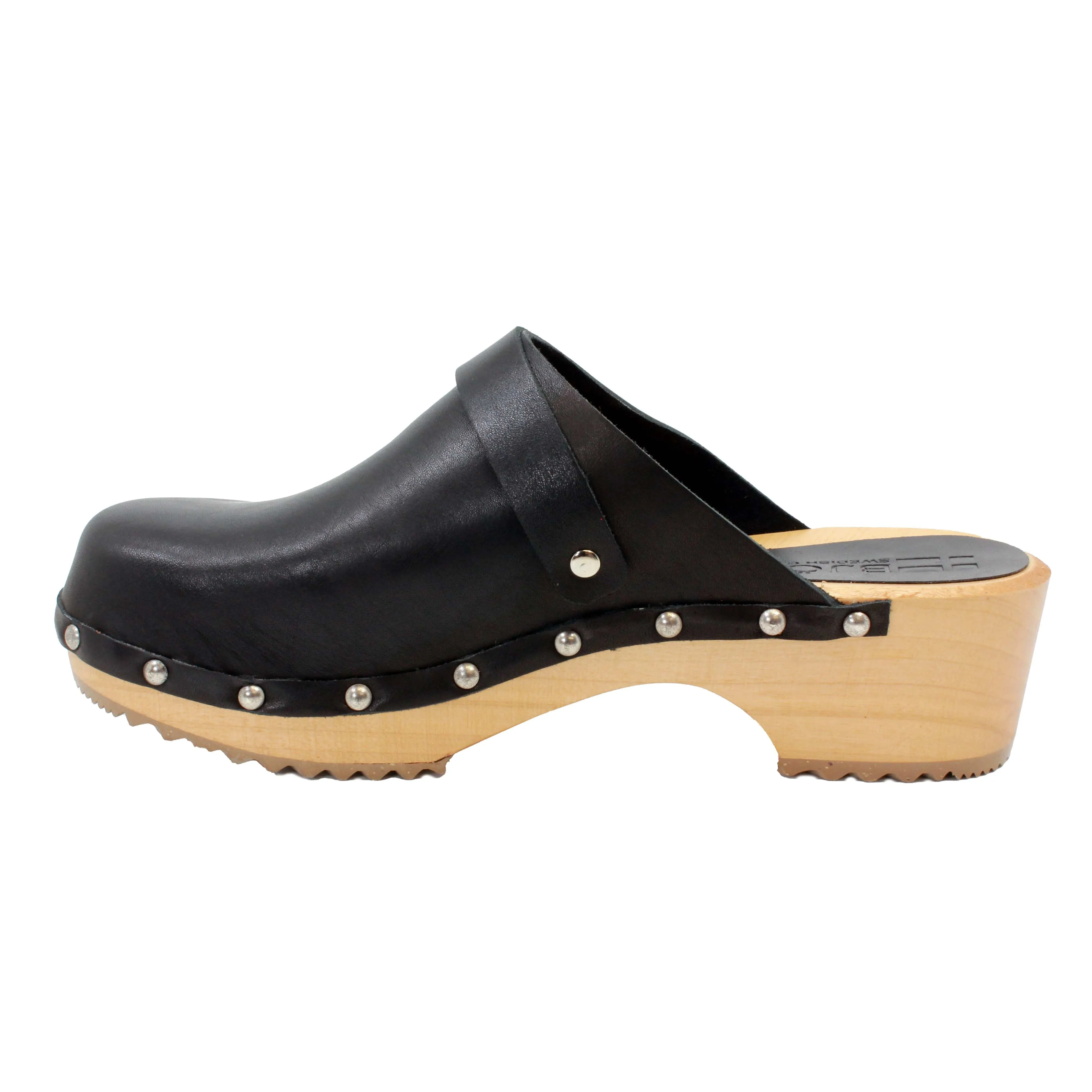 BJORK Anna Wood Full Grain Black Leather Clogs