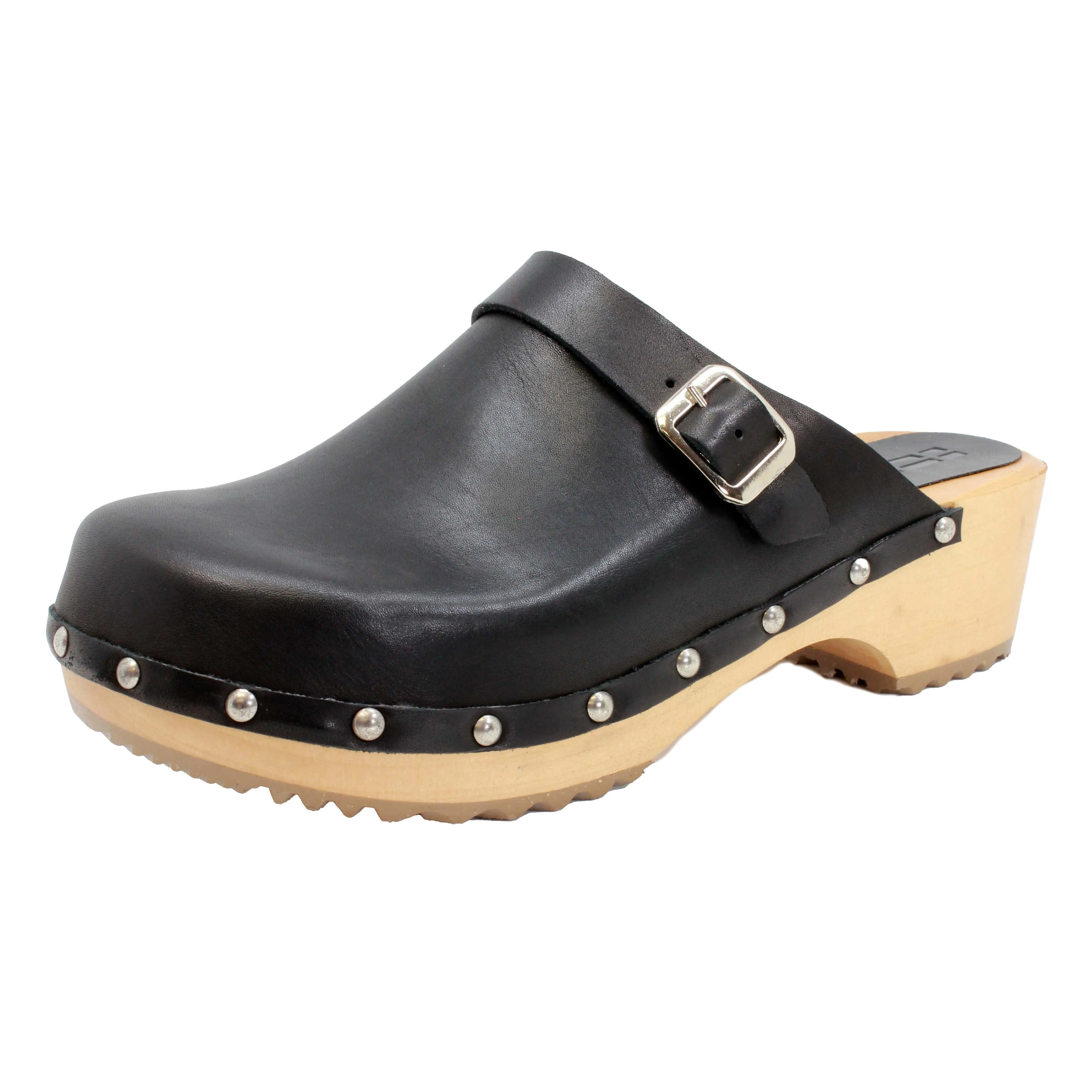 BJORK Anna Wood Full Grain Black Leather Clogs