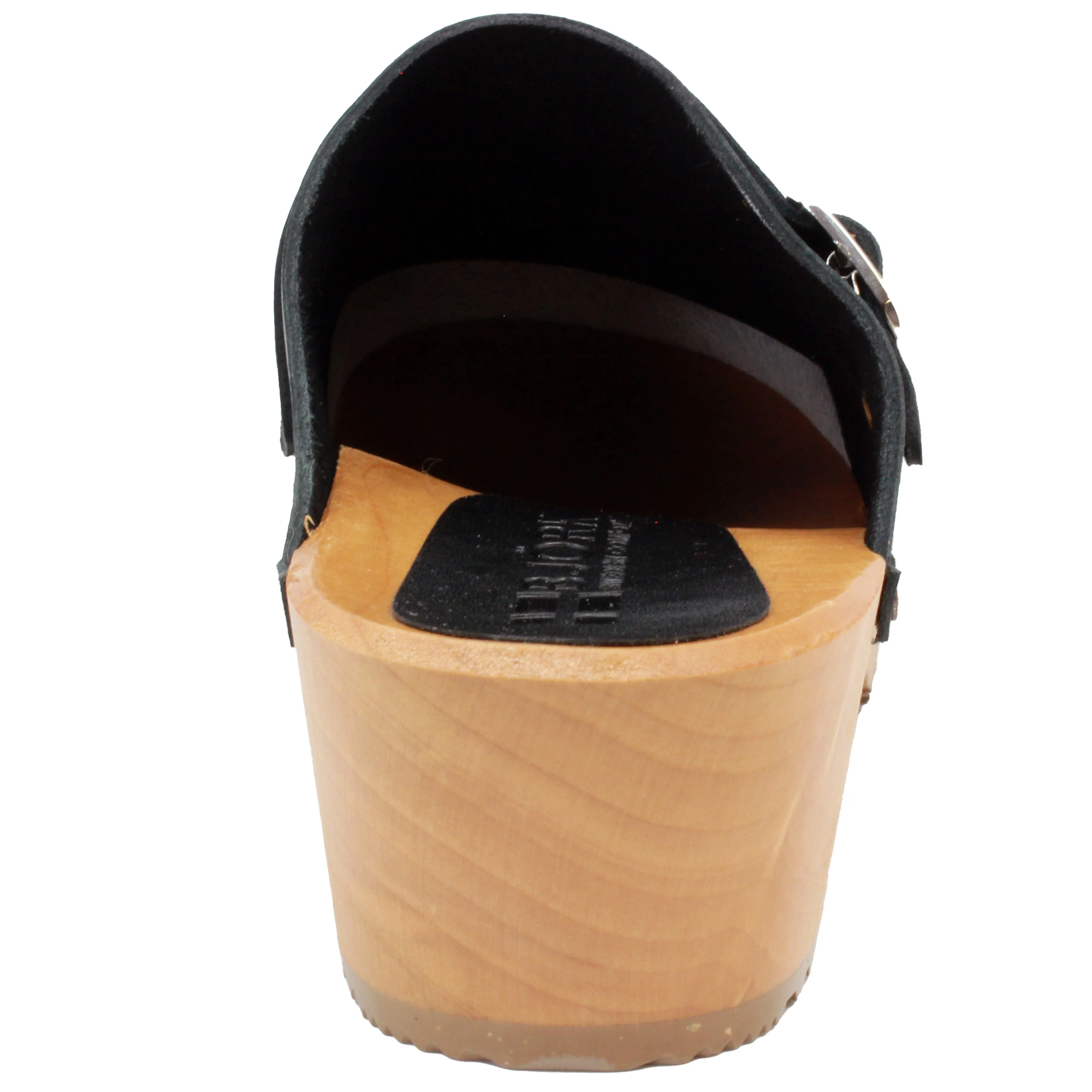 BJORK Anna Wood Full Grain Black Leather Clogs