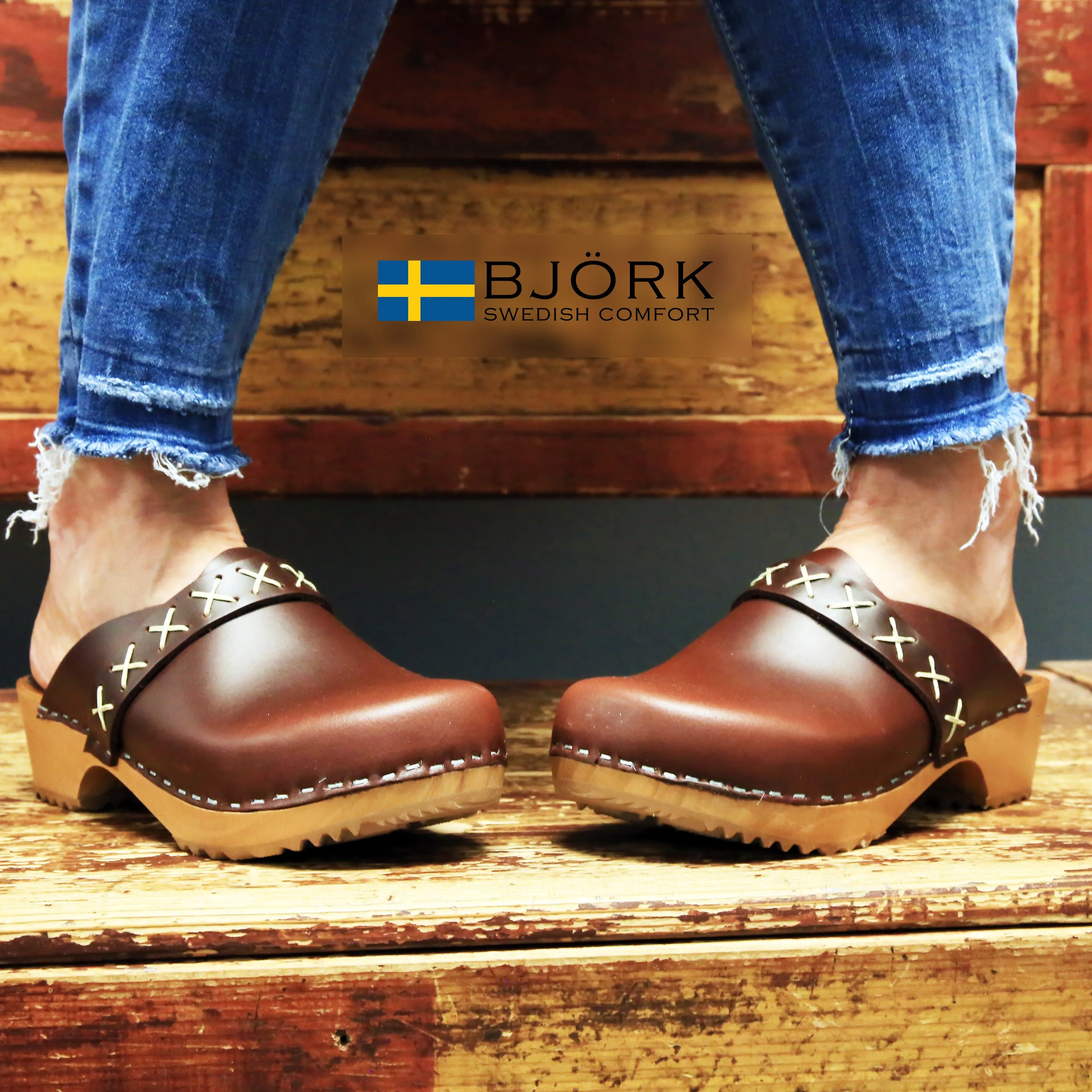 BJORK Pixie Wood Open Back Full Grain Leather Clogs - CLOSEOUT