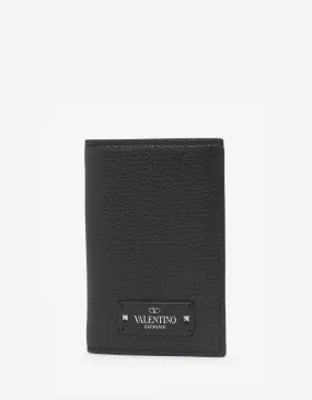 Black Grain Leather Card Wallet with Tonal Logo