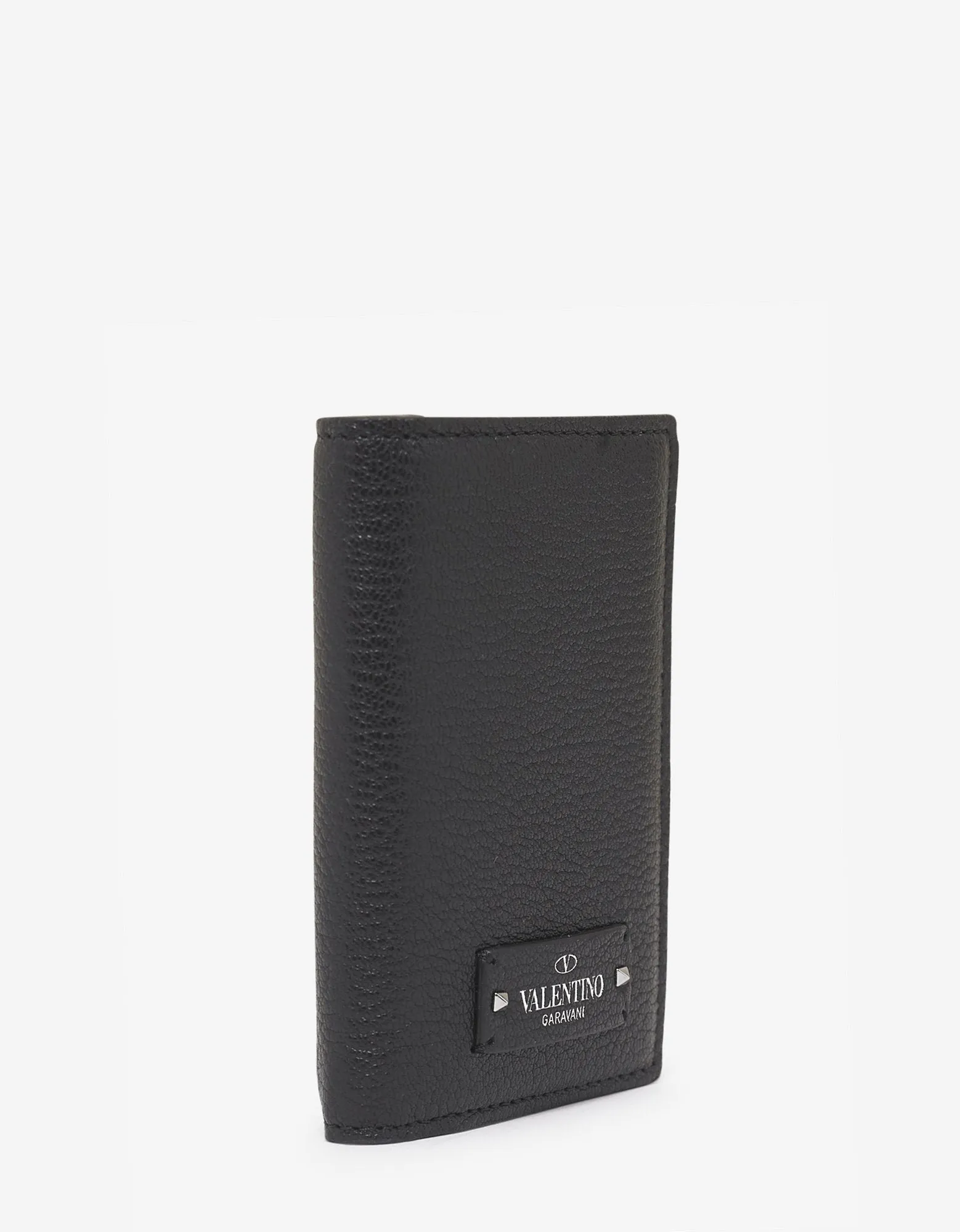 Black Grain Leather Card Wallet with Tonal Logo