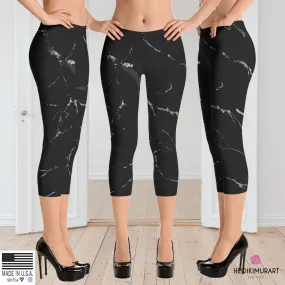 Black Marble Capri Leggings, Marble Print Women's Casual Capris Tights- Made in USA/ EU