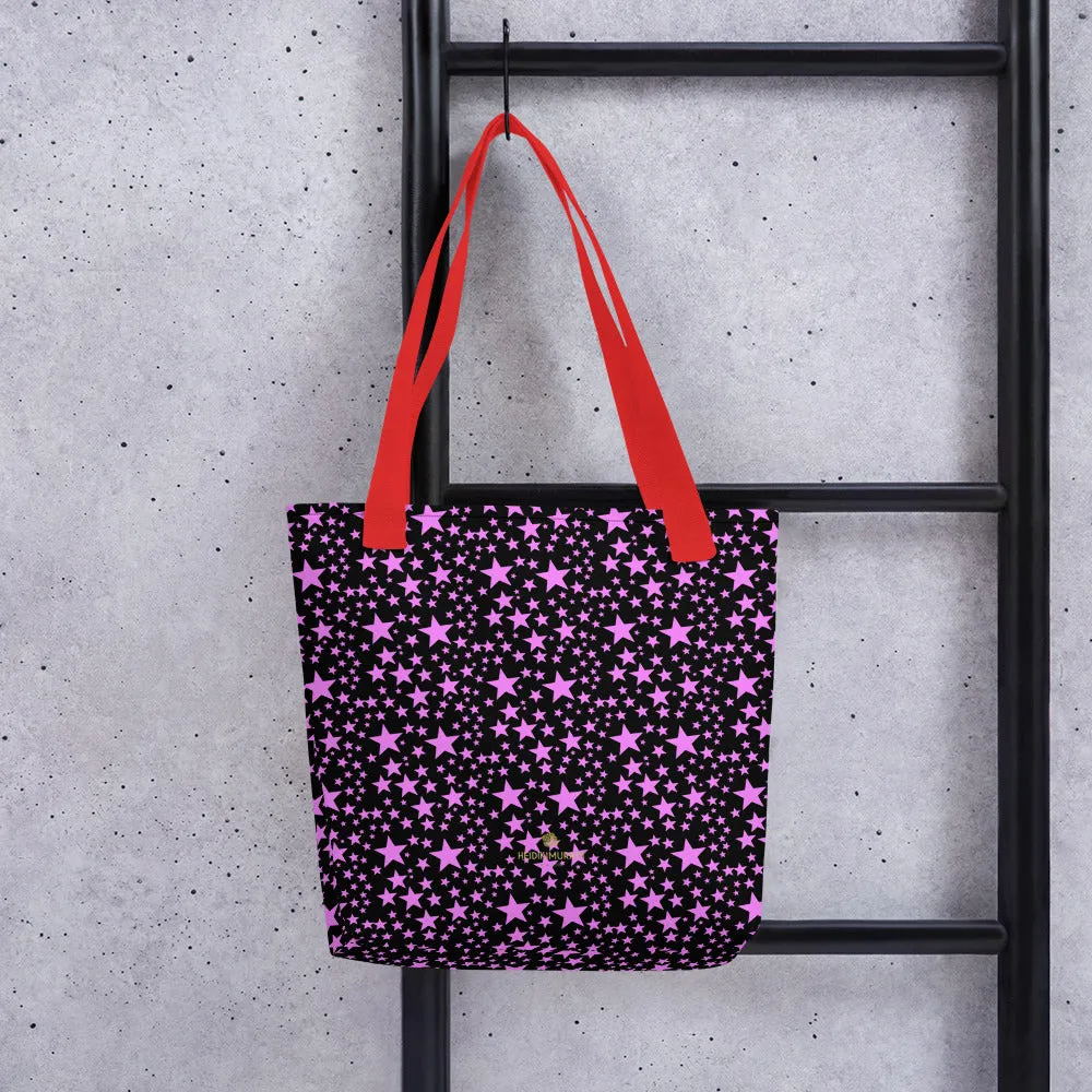 Black Pink Star Tote Bag, Star Pattern Print 15"x15" Market Grocery Bag - Made in USA/EU