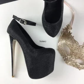 Black Shimmer Ankle Strap Platforms