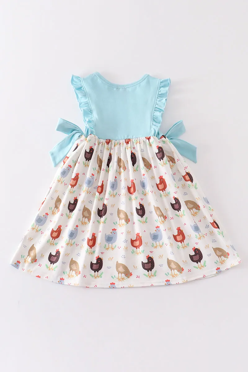 Blue chicken embroidery ruffle dress