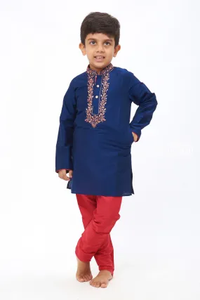 Boys Navy Blue and Red Embroidered Kurta with Pants Set - Festive Ethnic Attire for Kids