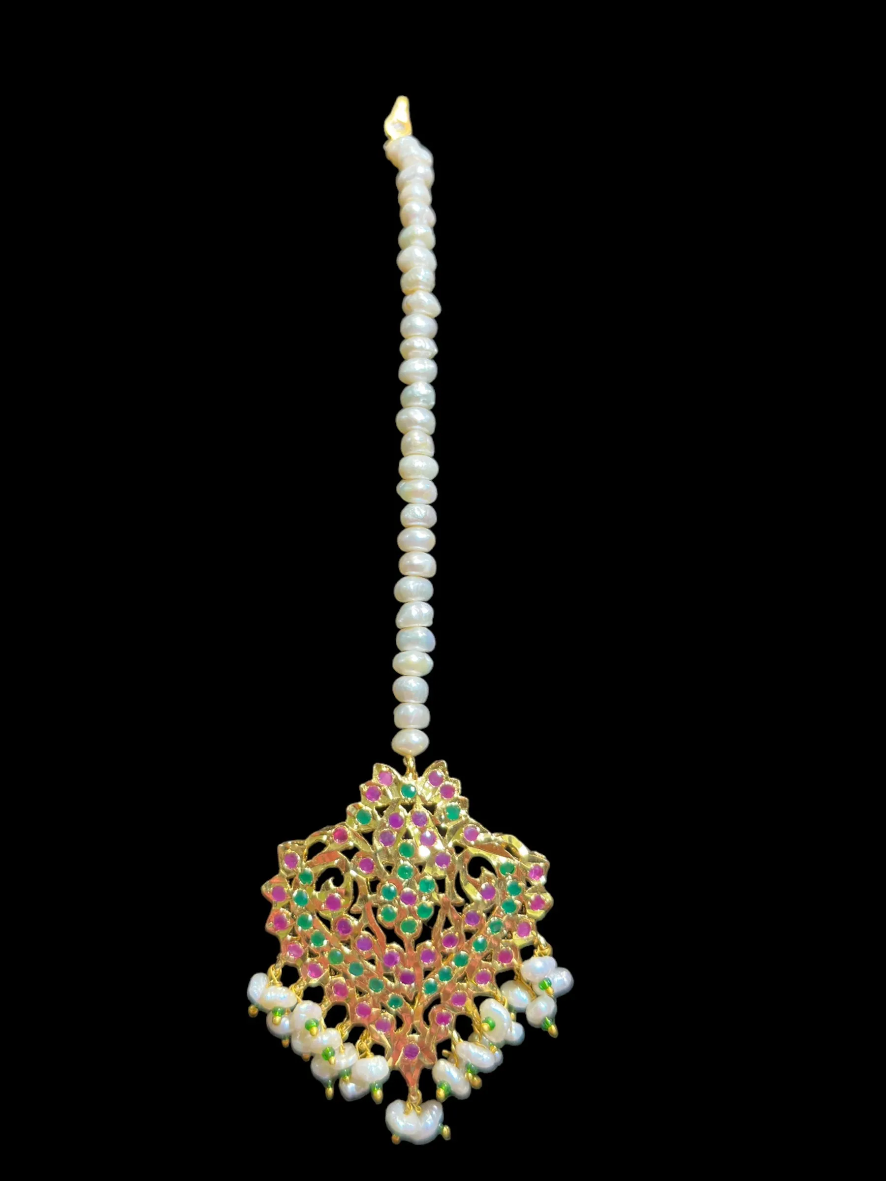 BR311 Kulsum bridal set in fresh water pearls with ruby emerald combination ( READY TO SHIP )