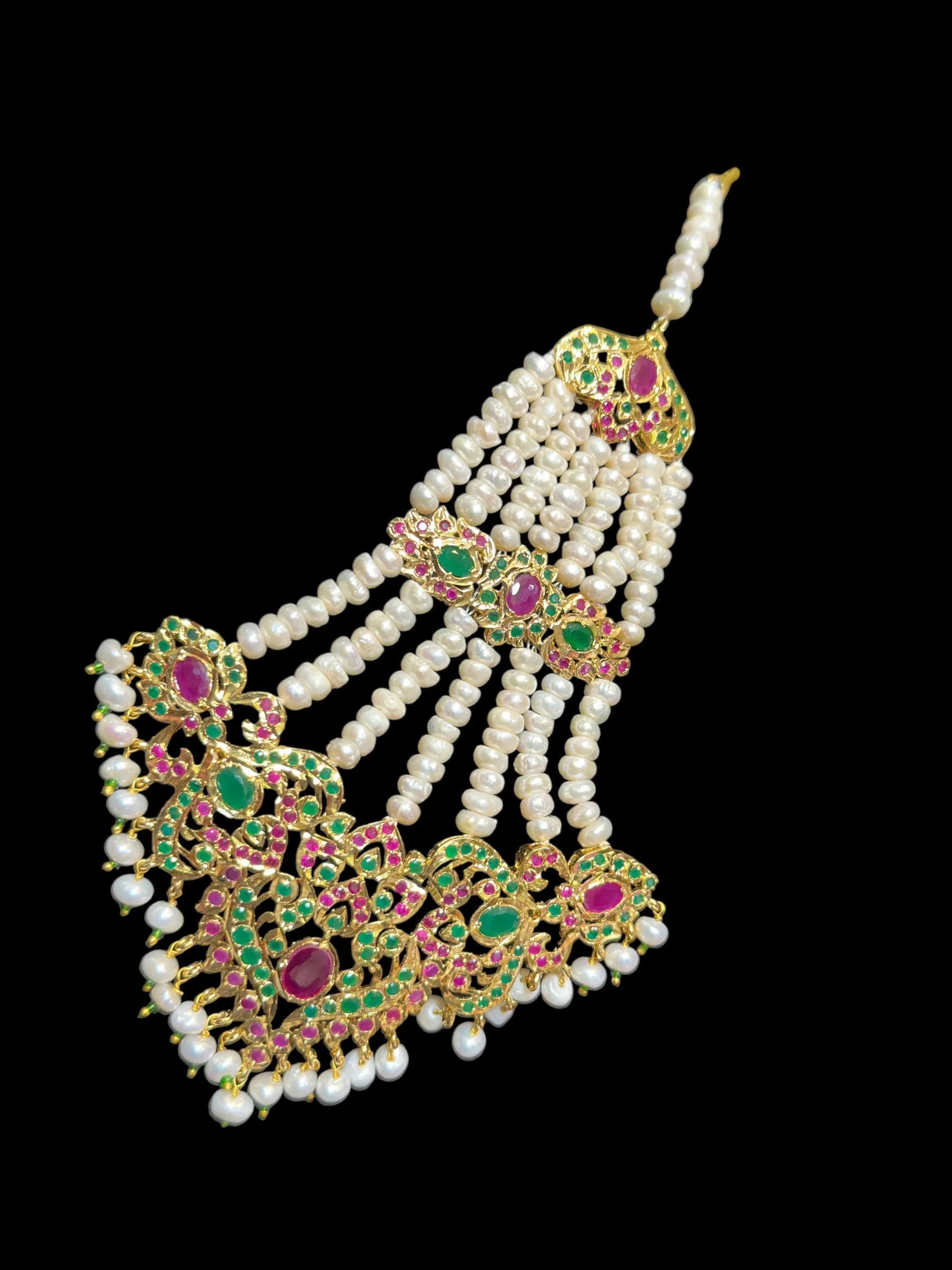 BR311 Kulsum bridal set in fresh water pearls with ruby emerald combination ( READY TO SHIP )