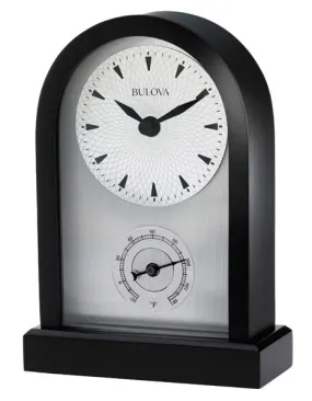 Bulova Madison Desk Clock - Black Metal Case - Silver-Tone Dial - Thermometer