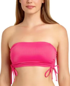 California Waves Women's Ribbed Side-Tie Bandeau Bikini Top, Pink, M