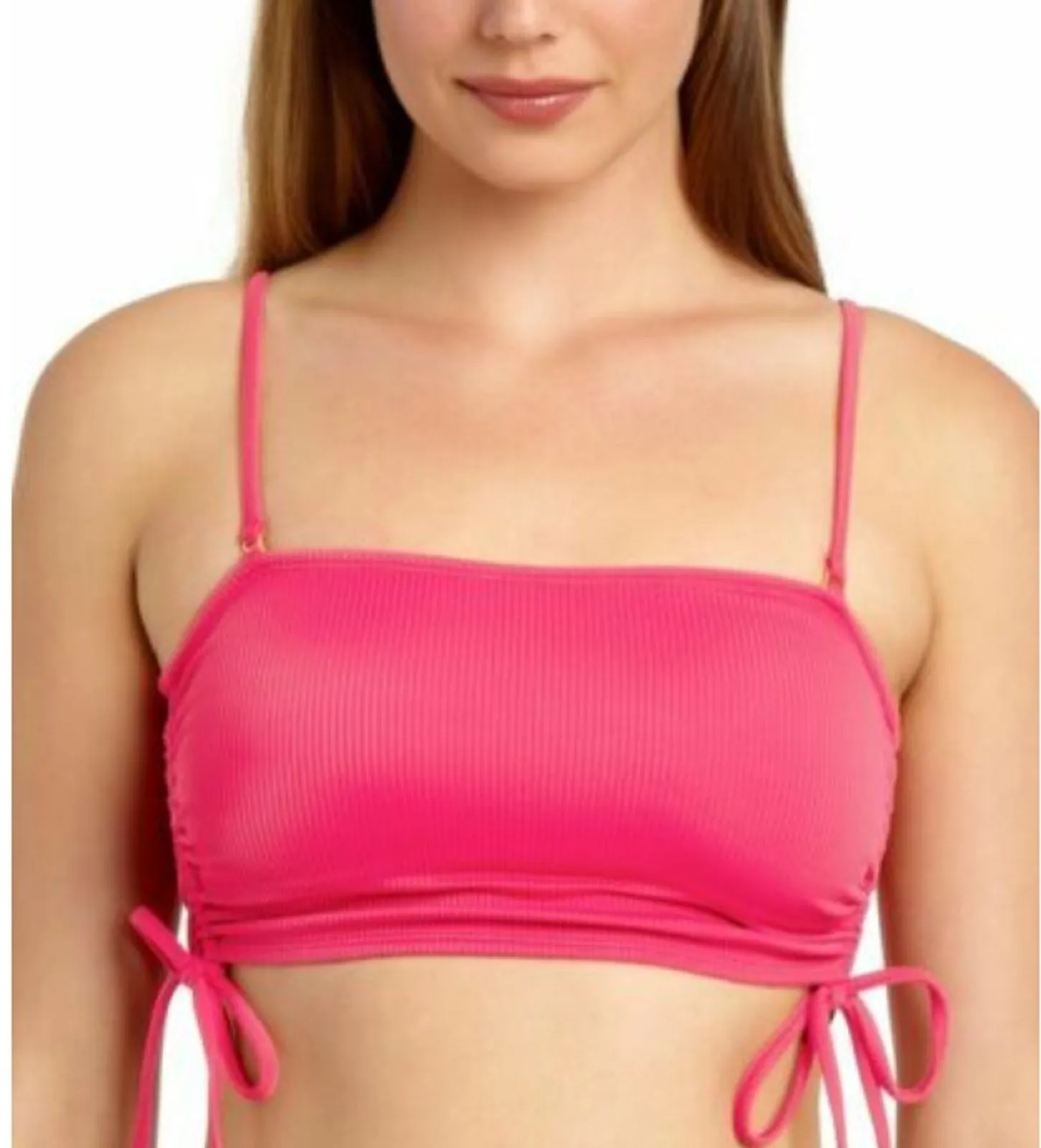 California Waves Women's Ribbed Side-Tie Bandeau Bikini Top, Pink, M