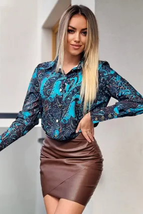 Camicia elegante nera a mista fantasia damascata turchese con bottoni dorati