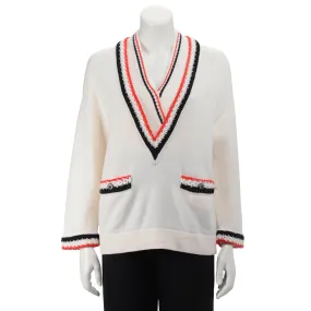 Chanel Cream Cashmere V-Neck Braided Trim Sweater FR 36