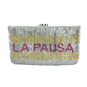 CHANEL - La Pausa Small Embroidered Satin Silver Sequin Clutch Bag