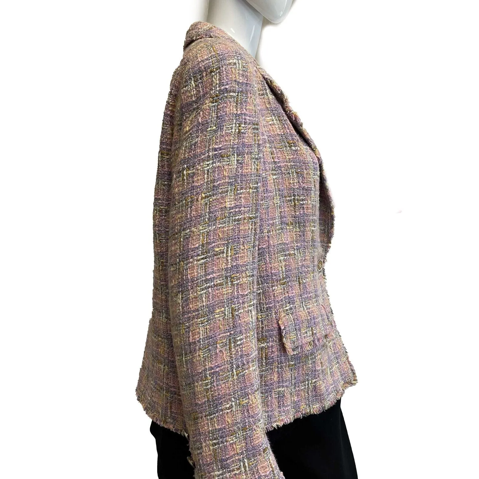 Chanel Spring 05 Tweed Trim Fringe CC Buttons 46 US 14 Pink Plaid Jacket Blazer