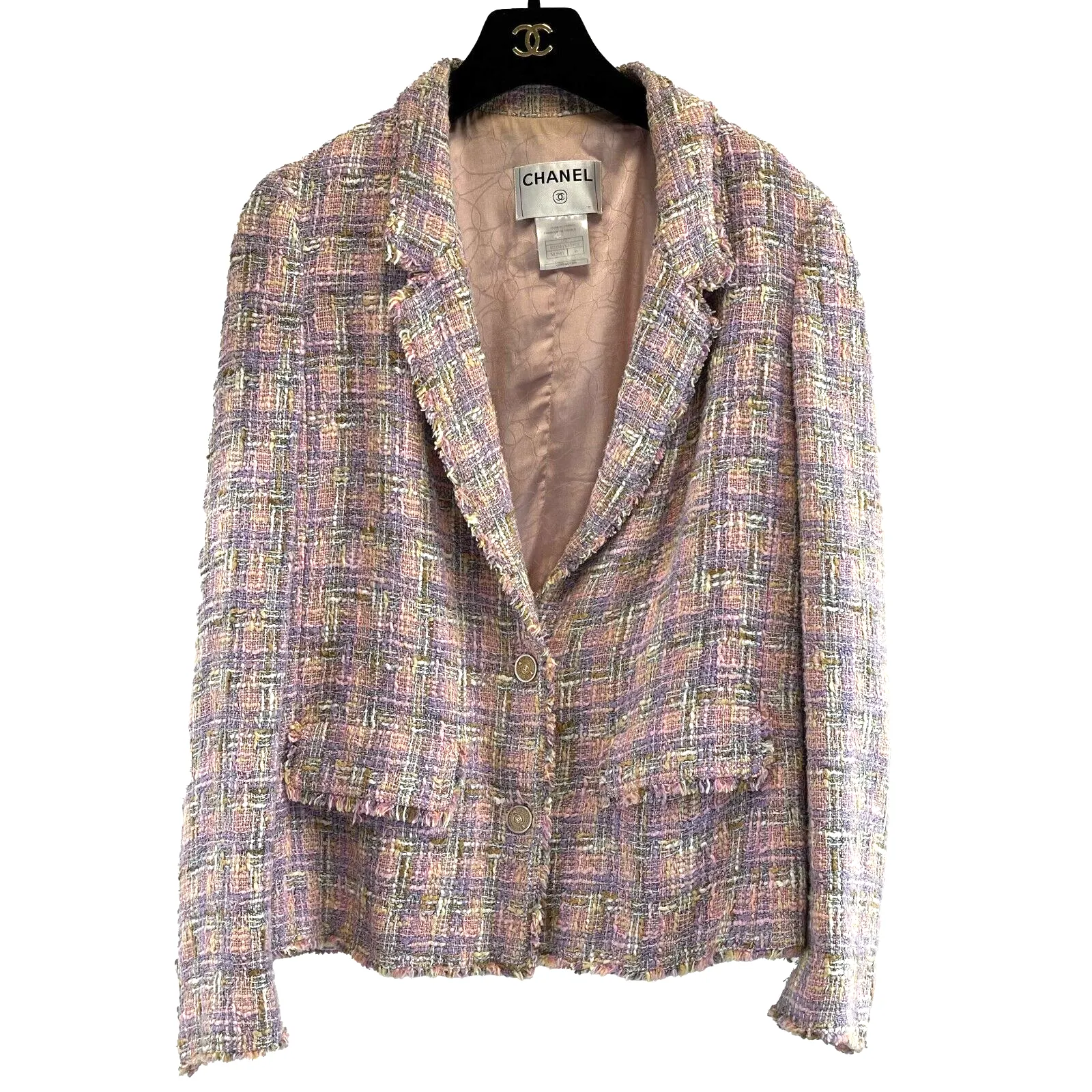 Chanel Spring 05 Tweed Trim Fringe CC Buttons 46 US 14 Pink Plaid Jacket Blazer